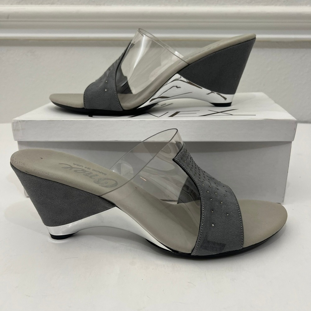 Onex Selina Wedge Y2k Sandals Suede Clear Strap Studded Pewter Womens 11 M